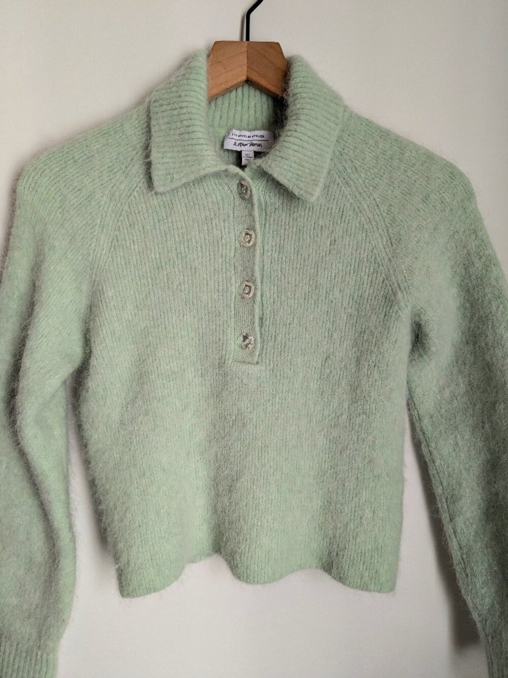 Collar Button-Up Fuzzy Sweater - Mint Green